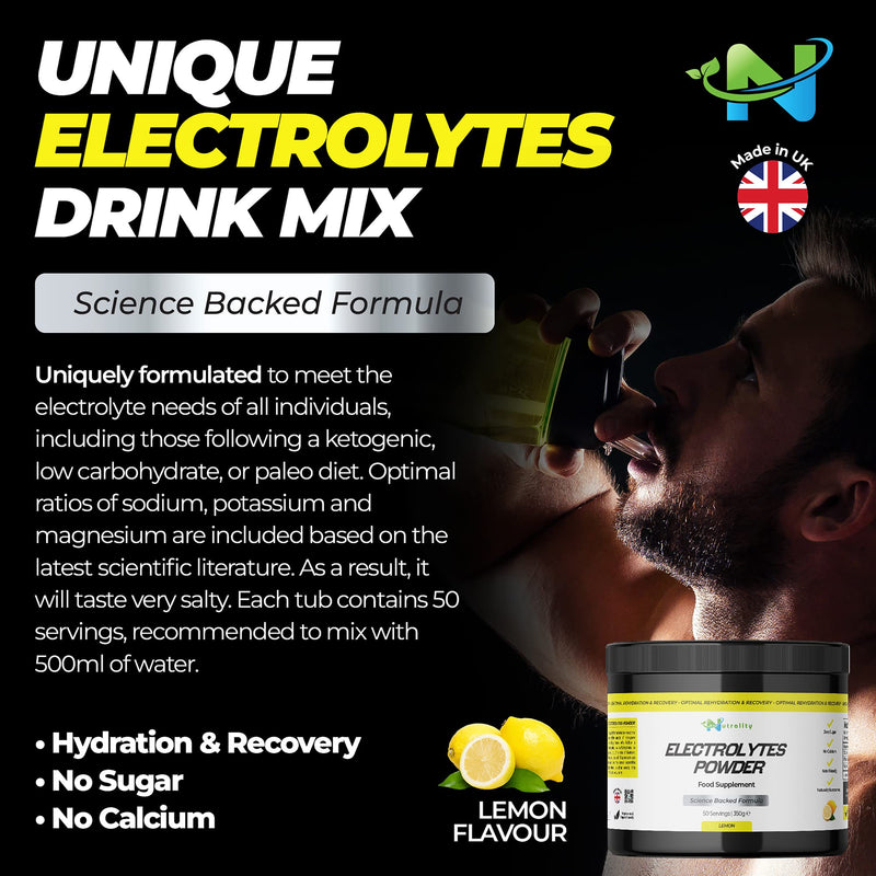 Nutrality Electrolytes Food Supplement Powder 350g – Refreshing Lemon Flavour. 50 Servings, No Sugar, Magnesium Keto Electrolyte Hydration Powder, Recovery, No Calcium, Paleo Hydration, Vegan Friendly - BeesActive Australia