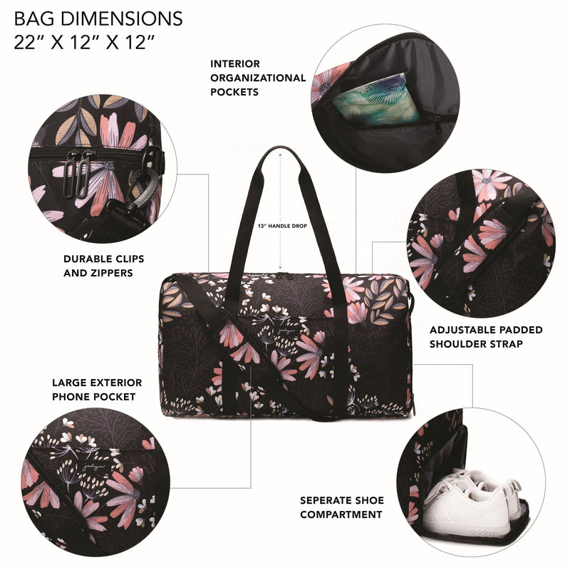 Jadyn 22" Women's Large Duffel/Weekender Bag with Shoe Pocket, Travel Bag Black Floral - BeesActive Australia