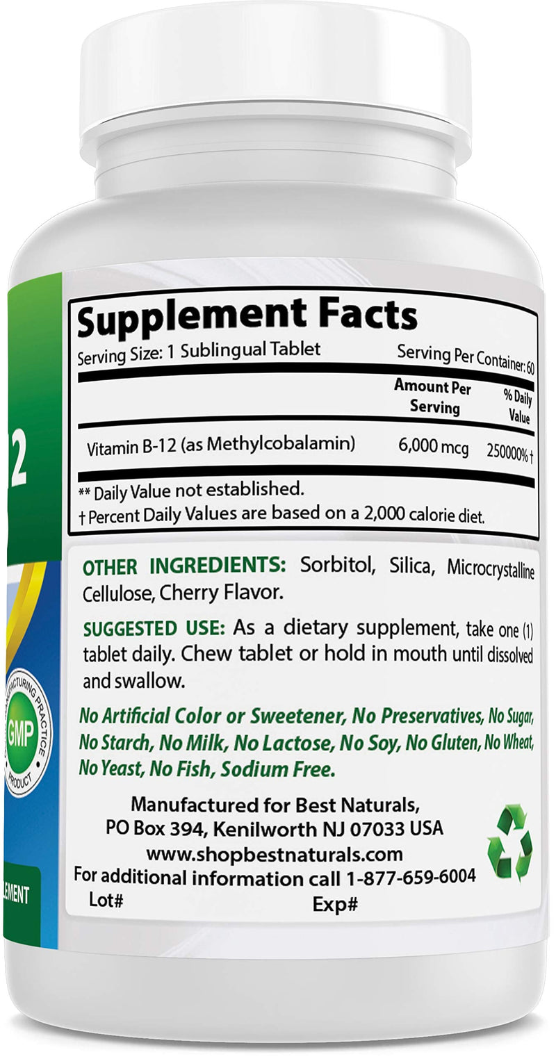 Best Naturals Vitamin B-12 as Methylcobalamin (Methyl B12), 6000 mcg Tablet, 60 Count 60 Count (Pack of 1) - BeesActive Australia