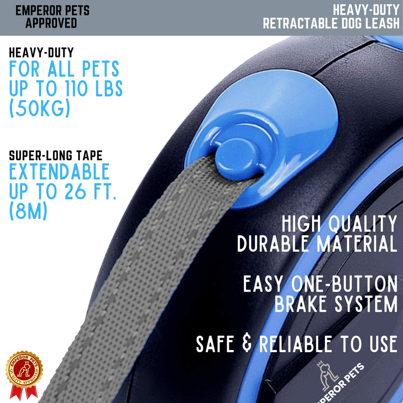 Emperor Pets 26 ft Retractable Dog Leash Large Dogs - Up to 110lb, Heavy Duty Dog Leash Retractable, Dog Leashes for Large Breed Dogs, Grey Dog Leash Large Dogs, Dog Leashes for Medium Dogs 26 ft. / 8m Blue - BeesActive Australia