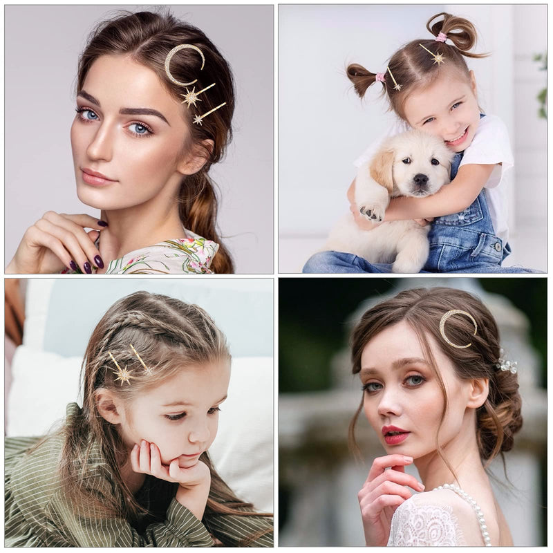 Star Moon Hair Clip Accessories Rhinestone Headdress Headwear Bobby Pins Side Clamps Grips for Women Girls Thick Thin Hair 9 Pieces - BeesActive Australia