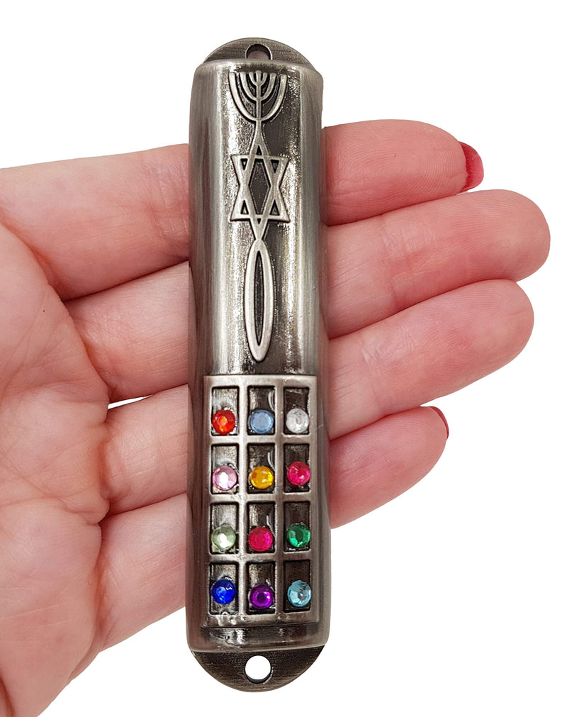 Pewter Messianic Mezuzah Case with Scroll for Door Hoshen Messianic Seal 9 cm / 3.5 Inch - BeesActive Australia