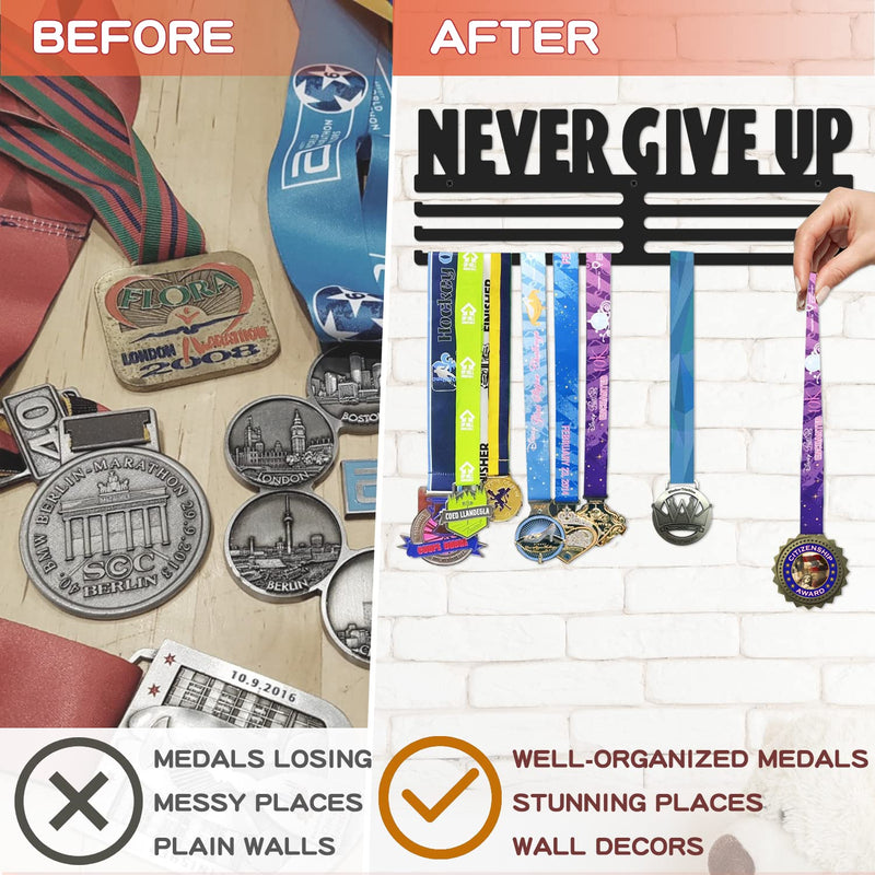 Bliocefo Medals Hanger Holder Display Steel Rack Hooks 15 inches Wall Mount Frame Over 60 Medals-Sports Medal Hook Storage Organizer Never Give Up Ribbon with Easy Hanging Bars Black 3 Lines - BeesActive Australia
