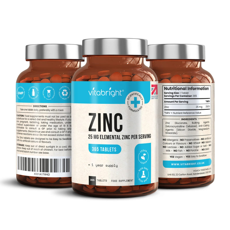 Zinc Tablets High Strength - 25mg Elemental Zinc � 365 Vegan Tablet Pills (1 Year Supply) � Zinc Gluconate - Chelated Zinc Supplements for Immune System, Hair, Skin, Bones, Nails � Made by VitaBright - BeesActive Australia