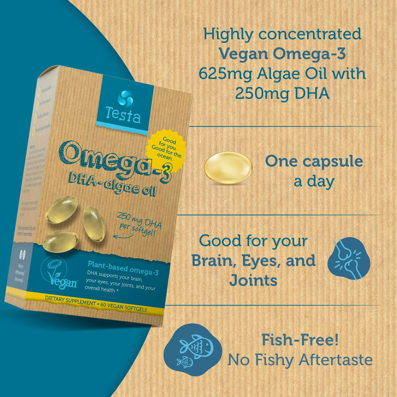 Testa Omega-3 - Vegan Omega 3-250mg DHA - Algae Oil - Plant Based Omega-3 - Pure and Vegan - Healthier Than Fish Oil - 60 Capsules - BeesActive Australia