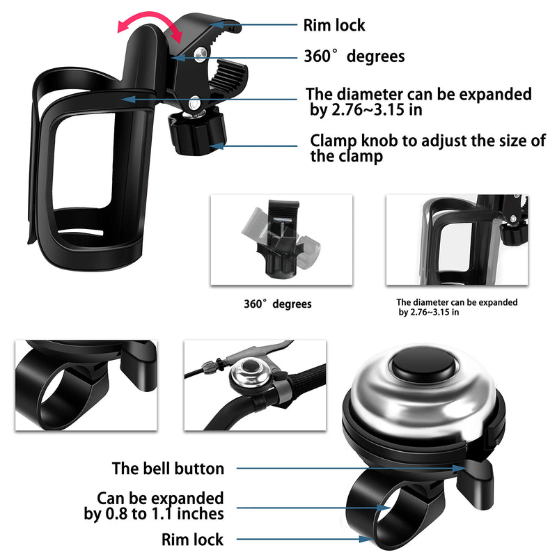 3 Pack Bike Water Bottle Holder, Silicone Phone Holder Secure, Aluminum Bike Bell, 360° Cup Holder Bottle Cage for Bike Motorcycle Stroller, Phone Mount Any Smart Phone, Bicycle Bell, Bike Accessories - BeesActive Australia