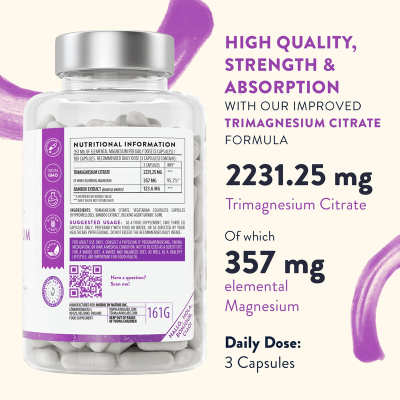 Aavalabs Magnesium Citrate Capsules - 2231.25mg per Daily Dose - of which Elemental Magnesium 357mg - Vegan Magnesium Supplements for Women and Men �180 Magnesium Citrate Tablets- 3 Capsules Per Day - BeesActive Australia