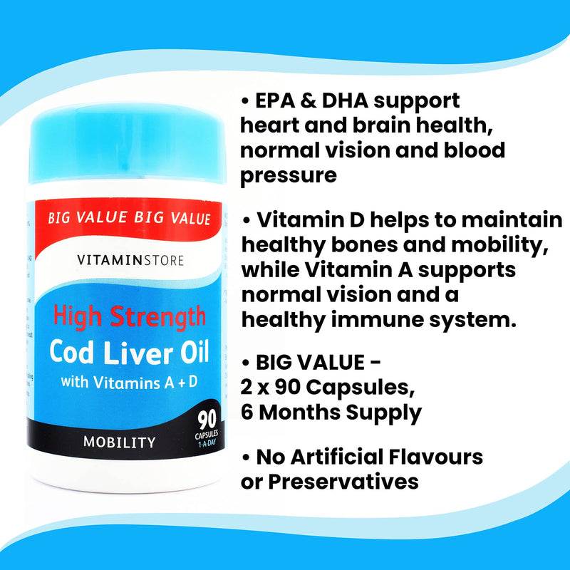 Vitamin Store Cod Liver Oil High Strength 1000mg with Vitamins A & D, 90 Capsules per Tub, Pack of 2 Tubs, 6 Months Supply - BeesActive Australia