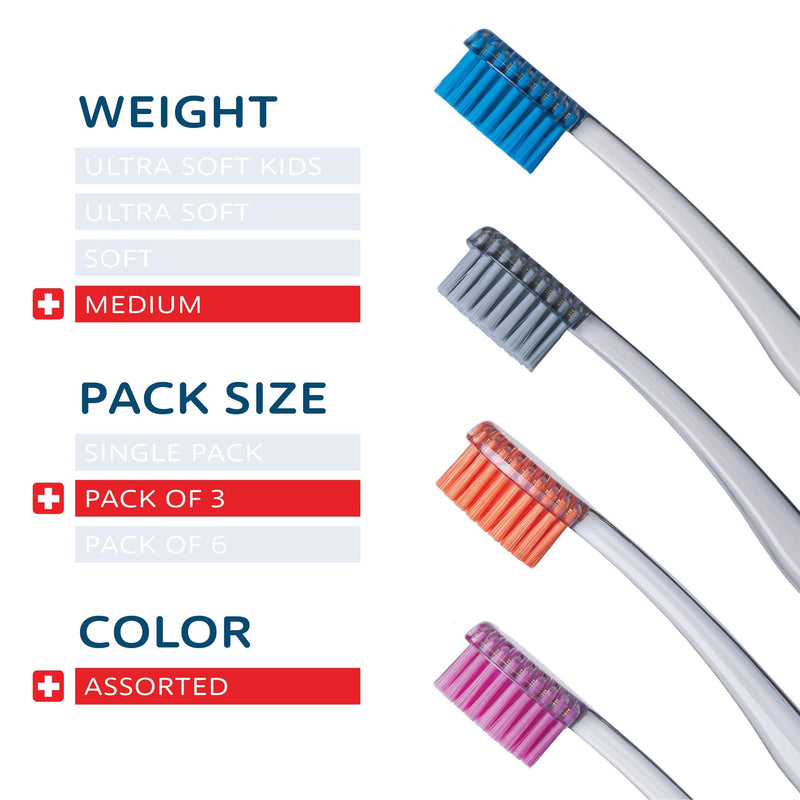 TELLO 3940 Adult Medium Swiss Toothbrush for Gentle Cleaning with Ergonomic Handle, 3 Count 3 Count (Pack of 1) - BeesActive Australia