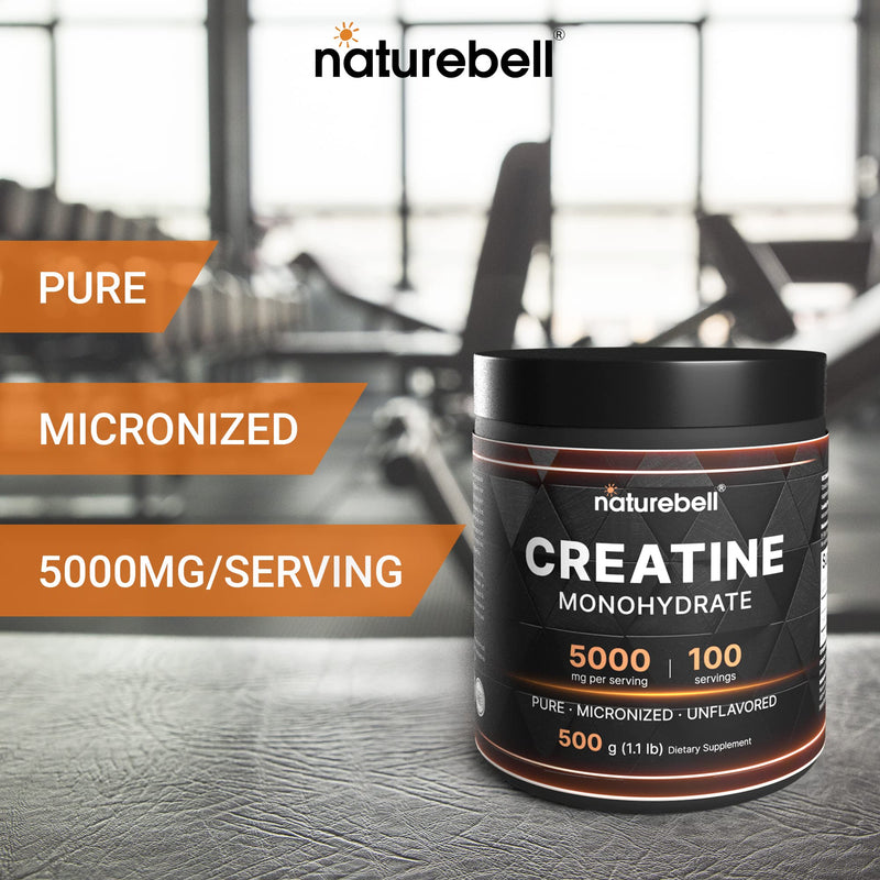 NatureBell Creatine Monohydrate Powder 500 Grams, 5000mg Per Serving, Pure Unflavored Creatine Powder - Micronized - Pre Workout | Keto | Vegan | Dissolves Easy | Filler Free - 100 Servings (1.1Lb) - BeesActive Australia