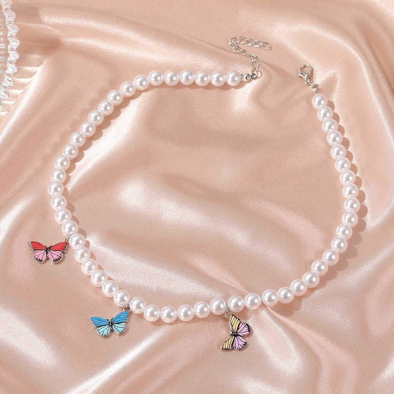 Butterfly Faux Pearl Strands Pendant Necklace Artificial Pearl Beads Papillon Chain Jewelry Silver Plated for Women Girls - BeesActive Australia