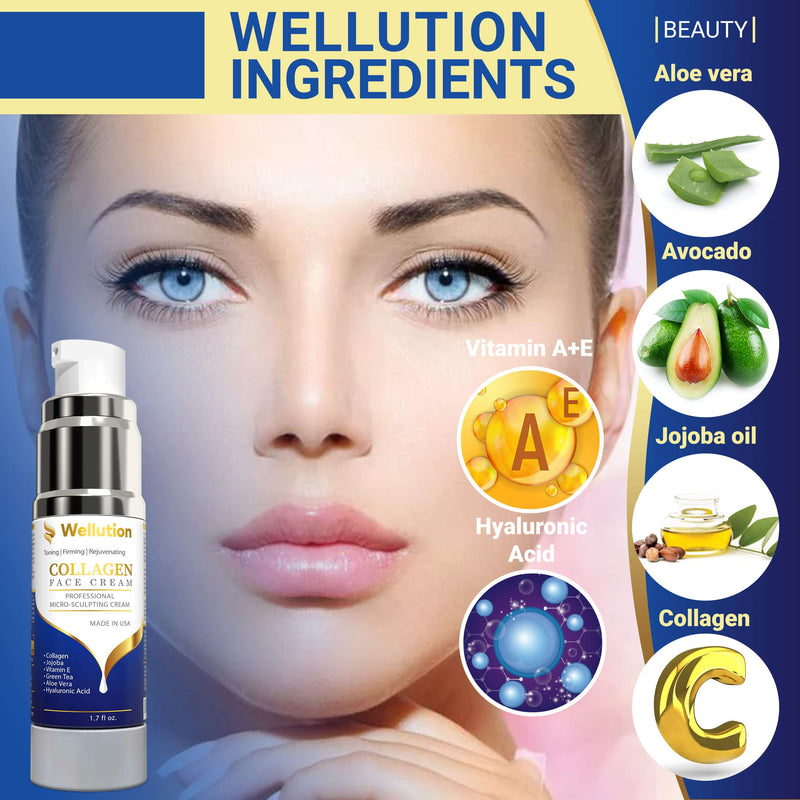 Wellution Anti Aging Face Moisturizer - Collagen Cream Organic Complex – With Jojoba, Green Tea, Vitamin E, Aloe Vera & Hyaluronic Acid – Improves Fine Lines & Wrinkles – For Day & Night Usage - BeesActive Australia