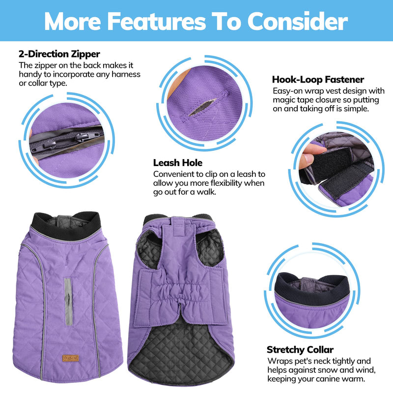 KOESON Windproof Dog Cold Weather Coat, Reflective Pet Winter Thick Warm Outdoor Jacket with Harness Hole, Comfy Cotton Apparel Padded Vest for Small Medium Large Dogs X-Large Purple - BeesActive Australia