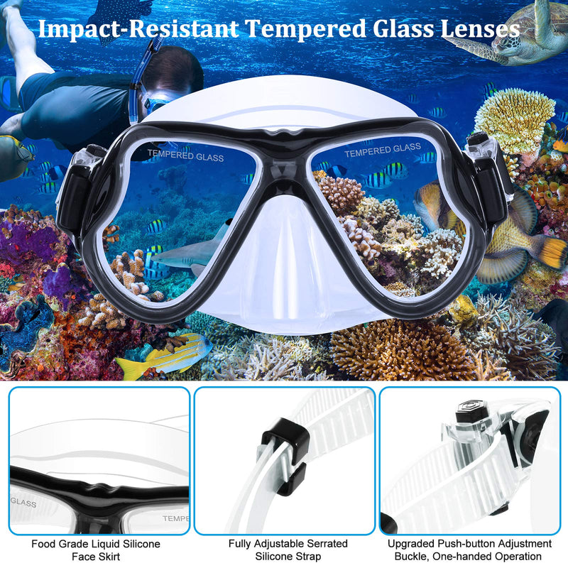 JARDIN Dry Snorkel Set, Panoramic Wide View Snorkel Mask, Anti-Fog Tempered Glass Diving Mask, Free Breathing& Easy Adjustable Strap Scuba Mask, Professional Snorkeling Gear for Adults Black - BeesActive Australia