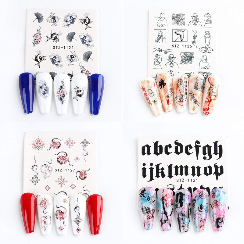 24 Sheets Fashion Nail Art Stickers Decals Cupid Eros Valentine's Day Dragon Snake Flame Chinese characters Pattern Mixed Chinese Style Nail Supplies Design Water Transfer Charms Nail Decorations - BeesActive Australia