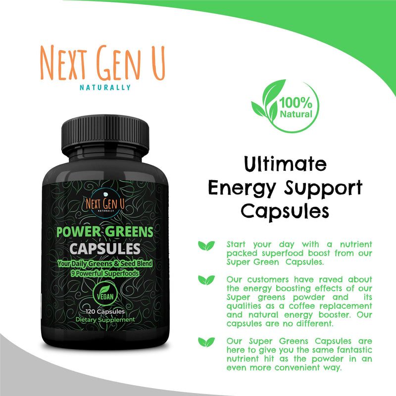 NGU Super Greens Immune System Support 500 mg 120 Vegan Capsules Contains Mixed Superfoods for Daily Booster Healthy Keto Blend w/ Acai, Wheatgrass, Guarana, Chlorella, Flaxseed, Matcha, Maca - BeesActive Australia