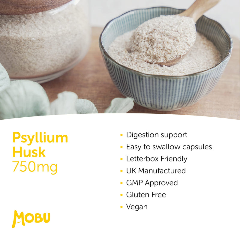 Psyllium Husk 750mg 120 Capsules | Fibre Supplement | High in Soluble Fibre | Digestion Support | Vegan UK Made | GMP Approved | MOBU - BeesActive Australia