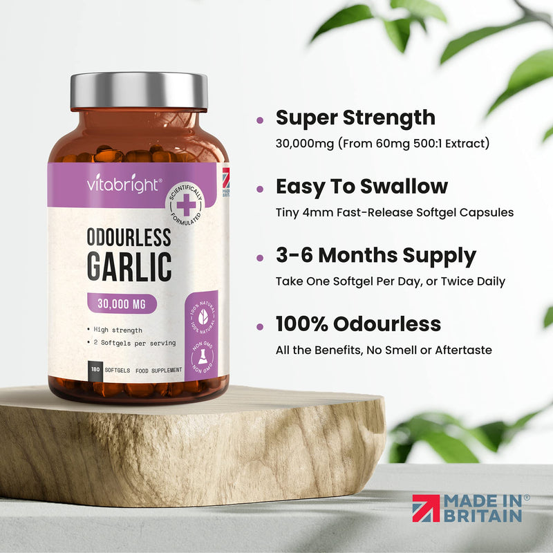 Odourless Garlic Capsules - High Strength 30,000mg - 180 Deodourised Garlic Oil Softgels � High in Allicin Garlic Supplement - 100% Natural Cold Pressed Garlic Tablets � Immune Support - Made in UK - BeesActive Australia