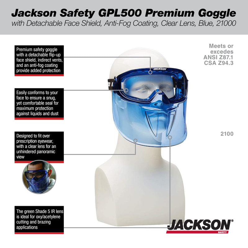 Jackson Safety GPL500 Premium Goggle with Detachable Face Shield, Anti-Fog Coating, Clear Lens, Blue, 21000 - BeesActive Australia