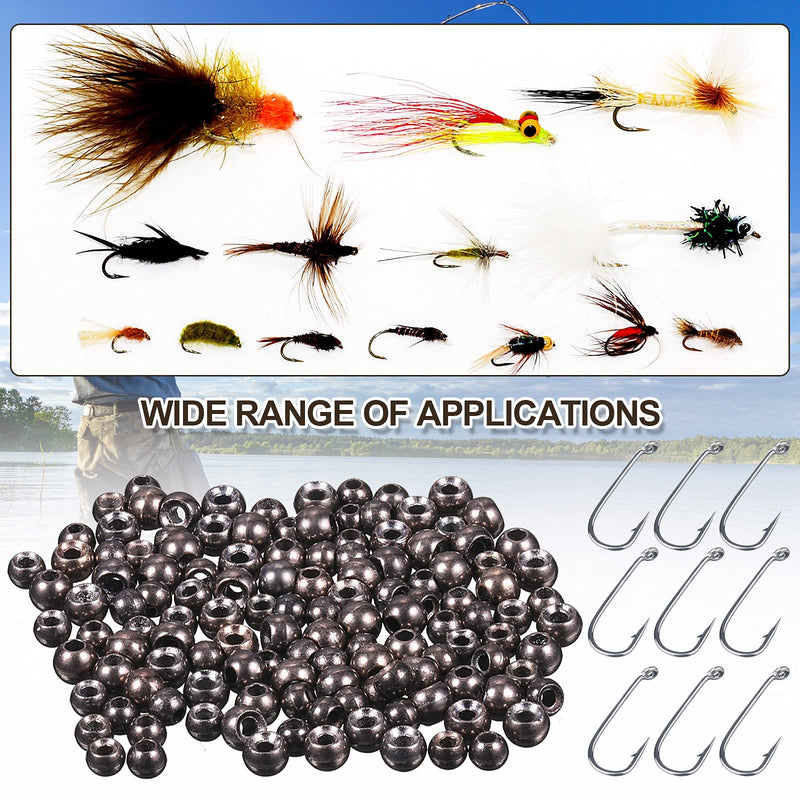 Skylety 150 Pieces Fly Tying Bead Heads Tungsten Beads and Carbon Steel Fishing Hooks Nymph Head Ball for Fishing - BeesActive Australia