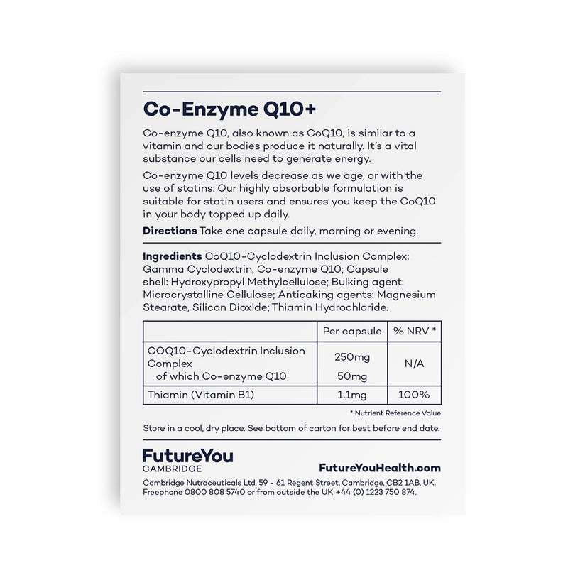 Co-Enzyme Q10+ 250mg Cyclodextrin Inclusion Complex - High Strength, Easy-to-Absorb Formulation - Vegan Suitable CoQ10 Supplement - 28 Day Supply - Developed by FutureYou Cambridge, UK - BeesActive Australia