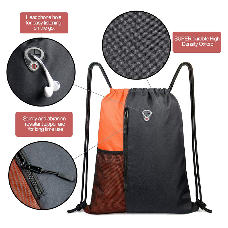 Drawstring Backpack Sports Gym Bag for Women Men Children Large Size with Zipper and Water Bottle Mesh Pockets Black/Oranage - BeesActive Australia