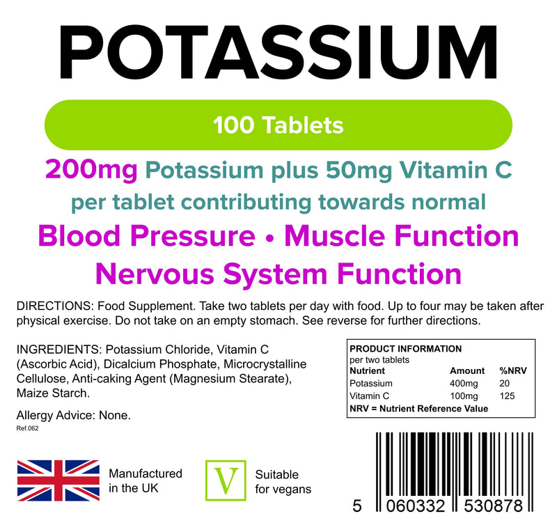 Lindens Potassium 200mg Tablets with 50mg Vitamin C - 100 Tablets - Contributes to Normal Blood Pressure, Muscle Function and Nervous System Function - UK Manufacturer, Letterbox Friendly 100 Count (Pack of 1) - BeesActive Australia