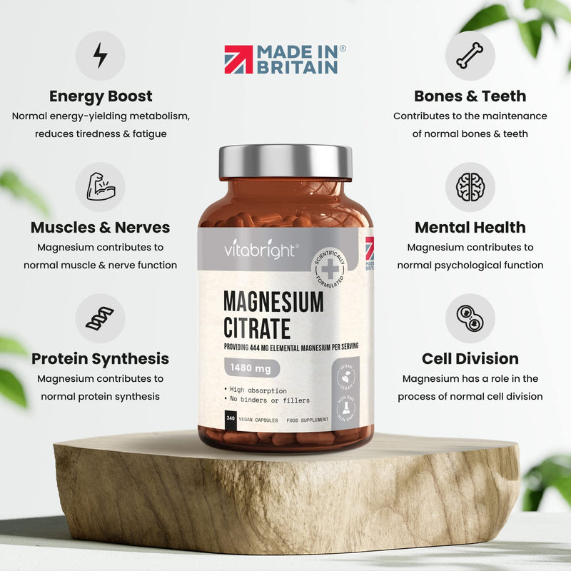 Magnesium Citrate - 1480mg High Strength - 240 Capsules (4 Month Supply) - Vegan Premium Magnesium Capsules - Providing 444mg Elemental Magnesium Supplement - Made in UK by VitaBright - BeesActive Australia