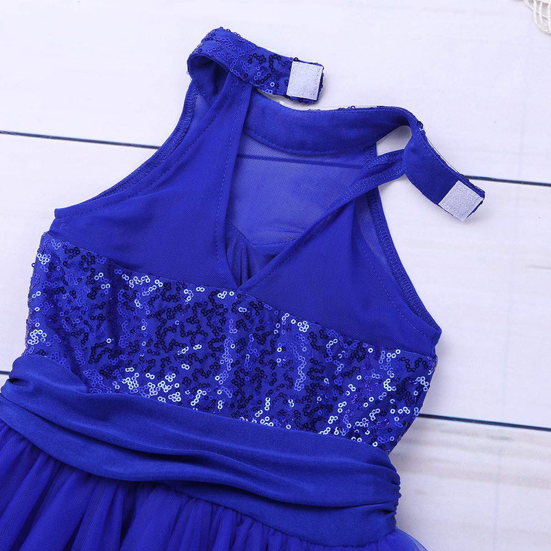 [AUSTRALIA] - JEATHA Kids Girls Shiny Sequins Sleeveless Mock Neck Ballet Dance Ice Roller Skating Dress Dancewear Keyhole Cutout Back Blue 8 / 10 