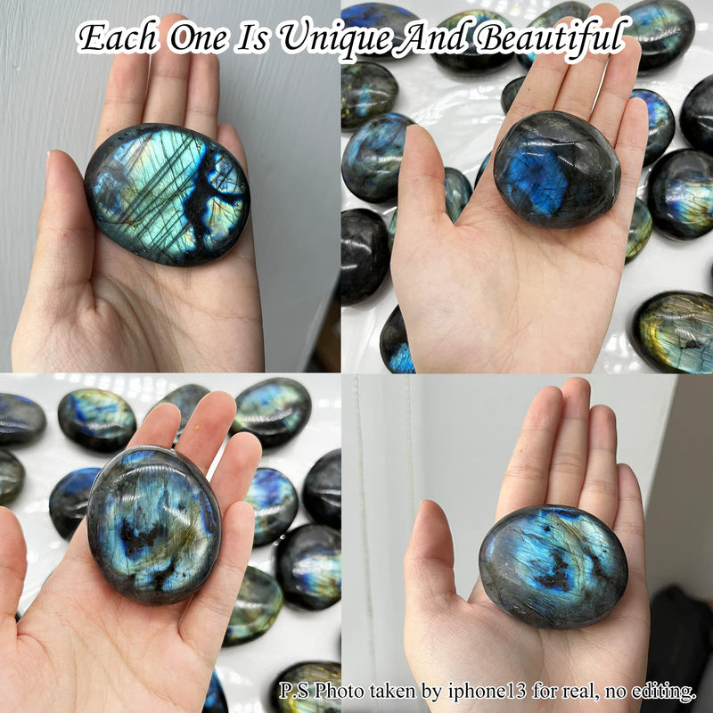 Labradorite Healing Stones, Natural Palm Stone, Healing Crystals Polished Gemstone Irregular Banded Pocket Worry Stones with Energy - Large Size Reiki Crystal Used for Intuition with a Bag - BeesActive Australia