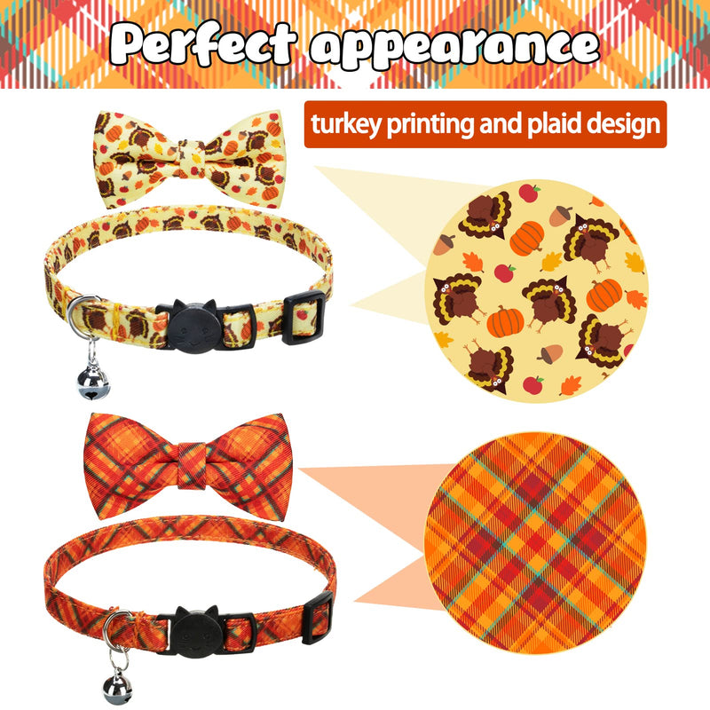 Thanksgiving Breakaway Cat Bowtie Collar with Bell Turkey Printing Plaid Cute Fall Kitten Accessories for Cat Puppy, Pack of 2 Turkey & Plaid - BeesActive Australia