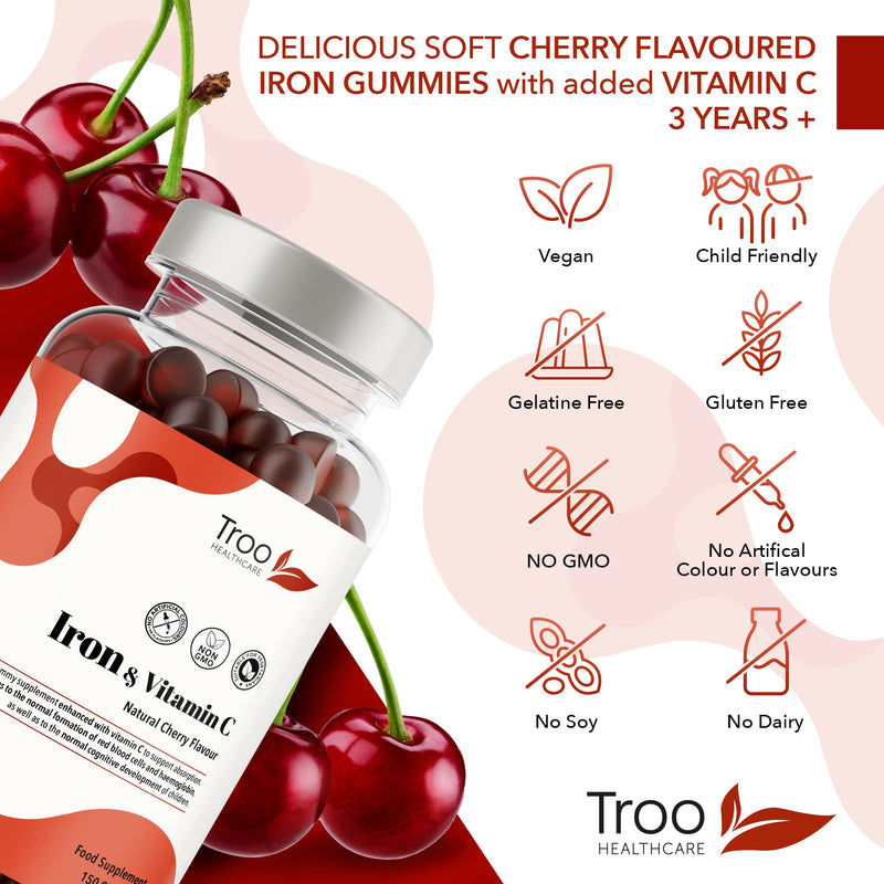 Iron & Vitamin C - 150 Natural Cherry Flavour Gummies - Tasty Chewable Supplement for Men, Women and Kids - Increased Absorption Supports Cognitive Development & Red Blood Cell Formation - BeesActive Australia
