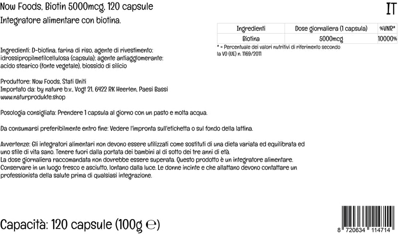 Now Foods, Biotin, 5.000mcg, Vitamin B7, Highly Dosed, 120 Vegan Capsules, Lab-Tested, Gluten Free, Soy Free, Vegetarian, Non-GMO - BeesActive Australia