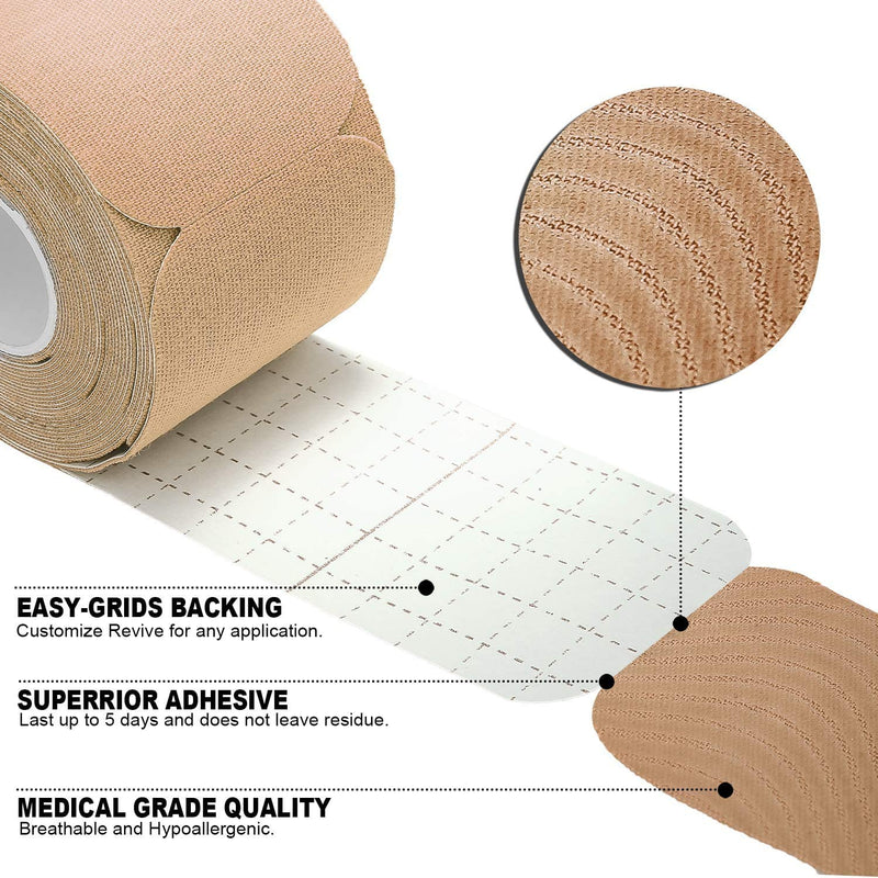 REFUN Kinesiology Tape Precut (4 Rolls Pack), Elastic Therapeutic Sports Tape for Knee Shoulder and Elbow, Pain Relief, Waterproof, Latex Free, 2" x 16.5 feet Per Roll, 20 Precut 10 Inch Strips Beige - BeesActive Australia