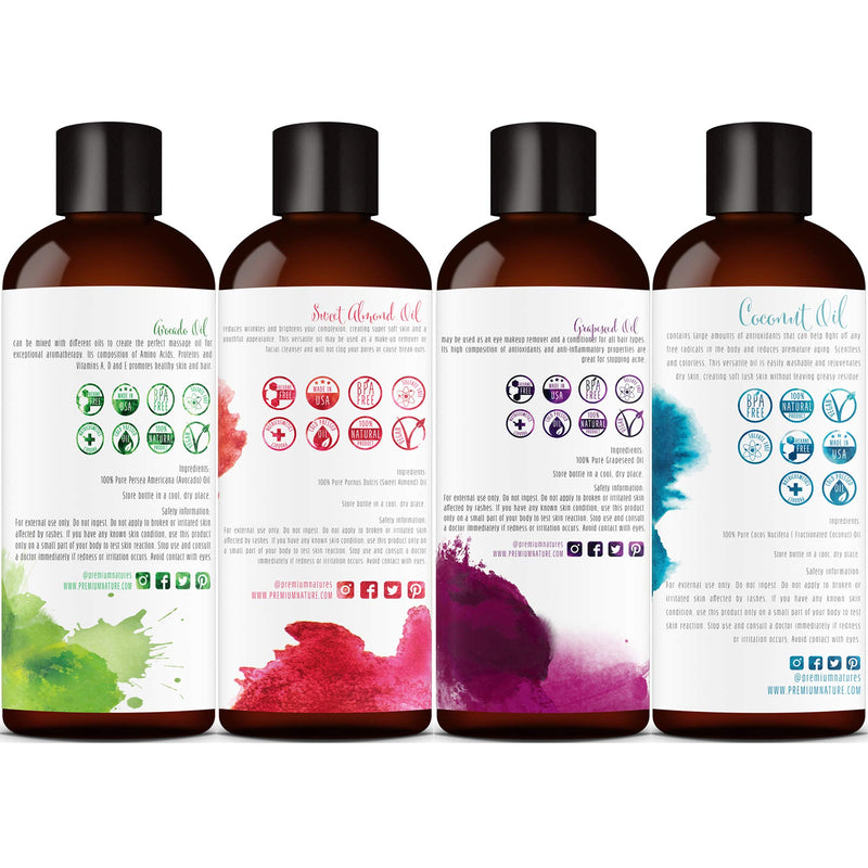 Carrier Oils For Essential Oil - 4 Piece Variety Pack Gift Set Coconut Oil Grapeseed Oil Avocado Oil & Sweet Almond Best Oils for Stretch Mark Dry Skin Moisturizer Hair Packaging May Vary 4oz Each - BeesActive Australia