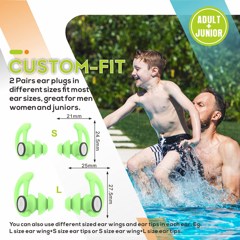 2 Pairs Ear Plugs for Swimming Adults, Hearprotek Reusable Custom-fit Swim Water Ear Plugs Men Women for Swimmers Shower Pool Bath Surfing Kayaking Canoeing Green - BeesActive Australia