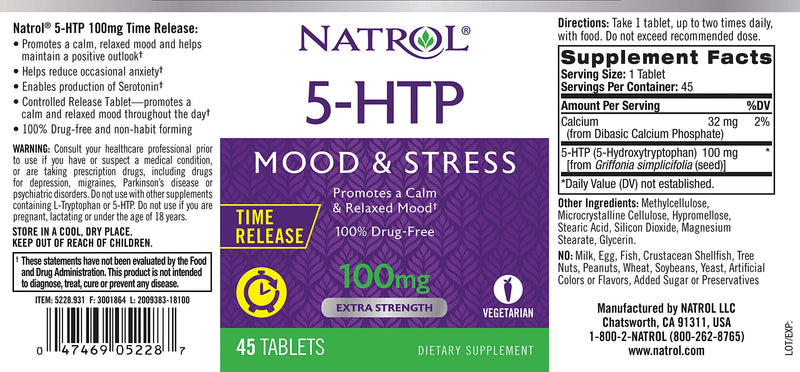 Natrol 5-HTP Time Release Tablets, Promotes a Calm Relaxed Mood, Helps Maintain a Positive Outlook, Enables Production of Serotonin, Drug-Free, Controlled Release, Maximum Strength, 100mg, 45 Count 45 Count (Pack of 1) - BeesActive Australia