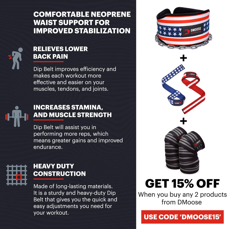 DMoose Dip Belt for Weightlifting, Weight Belt with Chain for Pullup, Gym Lifting Belt for Powerlifting, Squat, Bodybuilding, Heavy Duty Steel, Workout Belt with Comfortable Neoprene Support American - BeesActive Australia