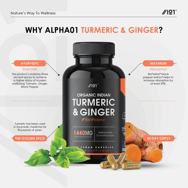 Organic Indian Turmeric, Ginger & BioPerine� - Freeze Dry Native Indian Curcuma Longa with Black Pepper - Non-GMO, Gluten Free, 90 Vegan Capsules 1 - BeesActive Australia
