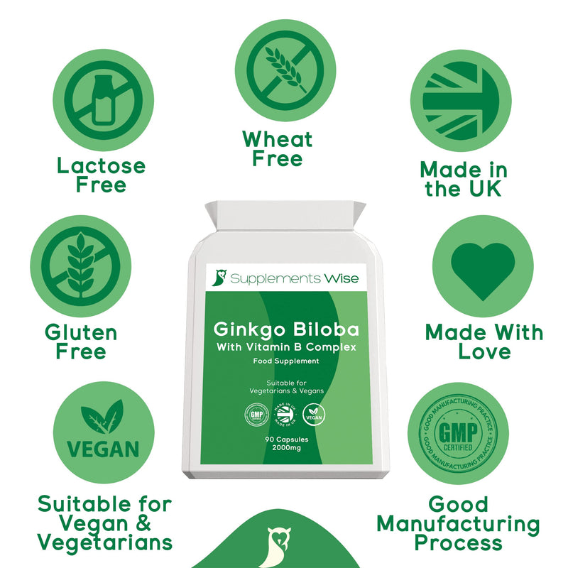 Ginkgo Biloba Capsules 90 x 2000mg - Dizziness and Vertigo Treatment - Focus Tablets, Concentration Pills for Brain, Memory - Blood Circulation -Ginkgo Biloba Herbal Supplements with Vitamin B Complex - BeesActive Australia