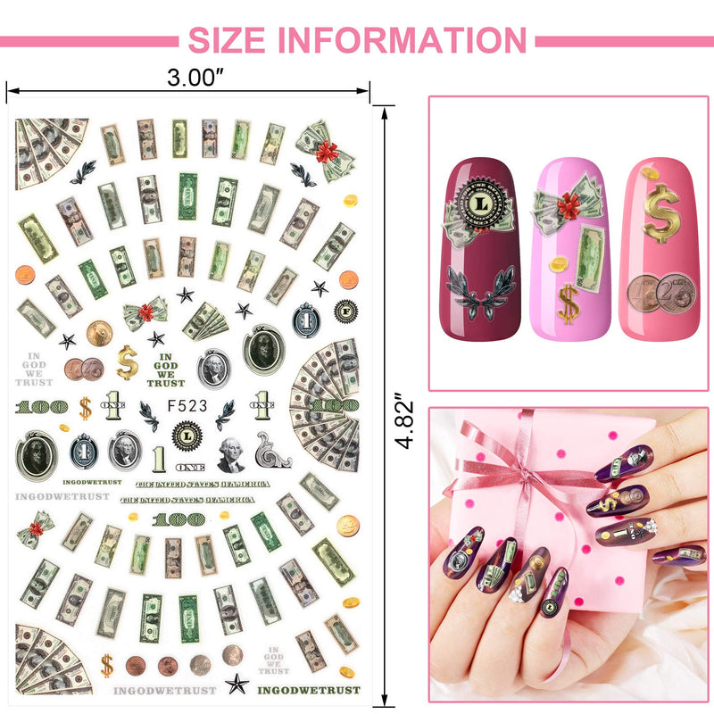 PAGOW 9 Sheets Money Dollar Nail Art Stickers, Wealthy Rich Style Nail Design Self-Adhesive Nail Decals Nail Art Decoration Supply for Women Girls - BeesActive Australia