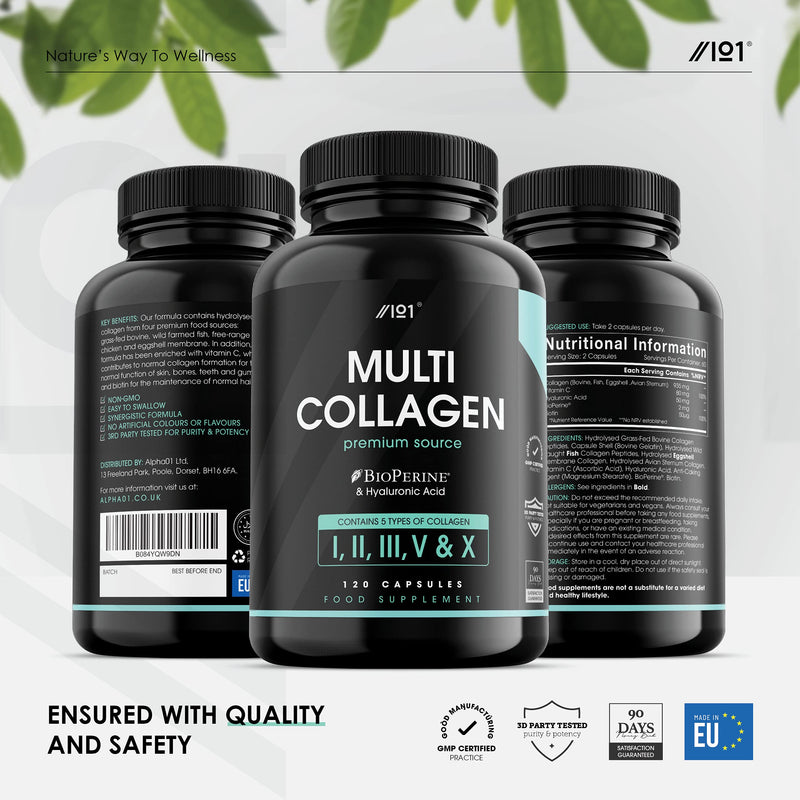 Multi Collagen Capsules - Types I, II, III, V & X - Wild Caught Marine, Grass Fed Bovine, Eggshell & Free-Range Chicken Collagen Powder, with Hyaluronic Acid & Vitamin C, 120 Caps 120 Count (Pack of 1) - BeesActive Australia