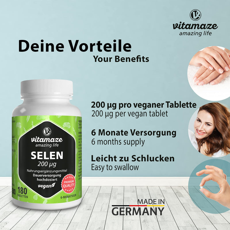 Vitamaze® Selenium 200 mcg, High Strength Mineral, 180 Vegan Tablets for 6 Months, Natural & Organic Supplement Without Additives, German Quality - BeesActive Australia