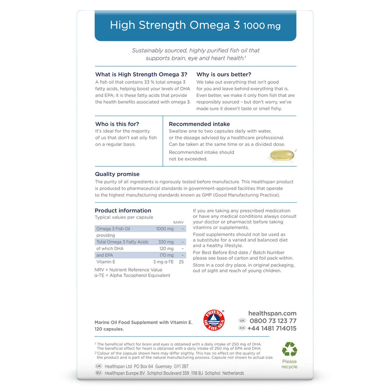 Healthspan High Strength Omega 3 1,000mg (120 Capsules) | Supports Brain, Eye & Heart Health | 120mg DHA & 170mg EPA Per Capsule | Highly Purified to Remove Toxins | Sustainably Sourced Fish Oil 120 Count (Pack of 1) - BeesActive Australia
