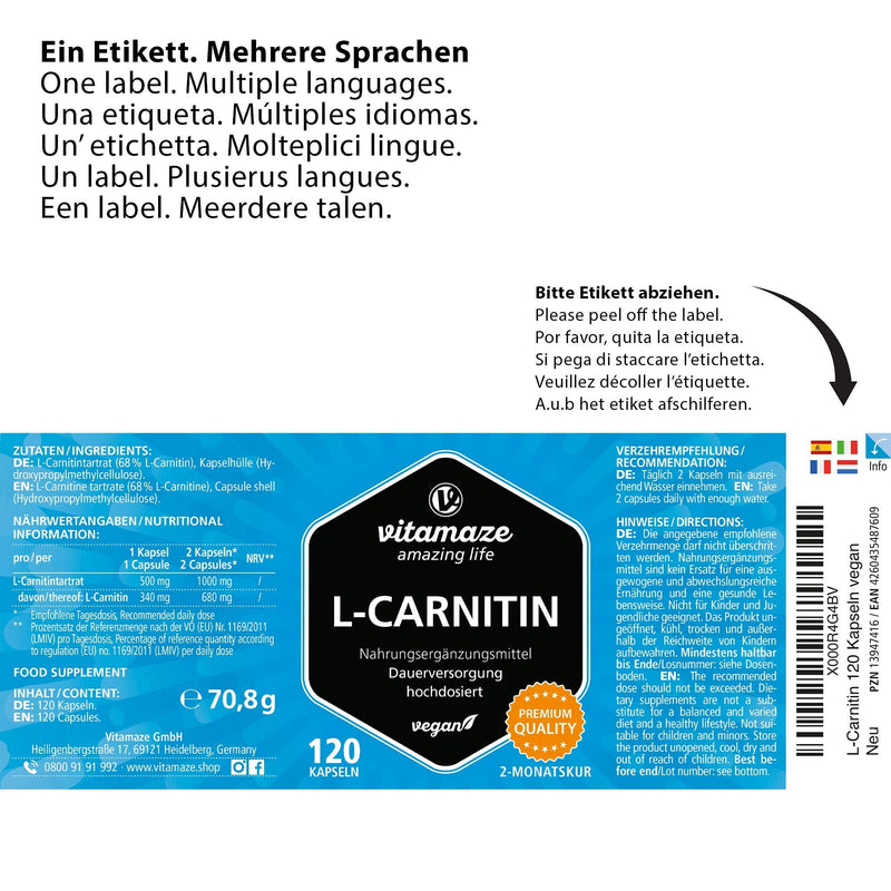 L-Carnitine High Strength & Vegan, 680 mg Pure L-Carnitine per Day, 120 Capsules for 2 Months, Natural & Organic Supplement Without Additives - BeesActive Australia