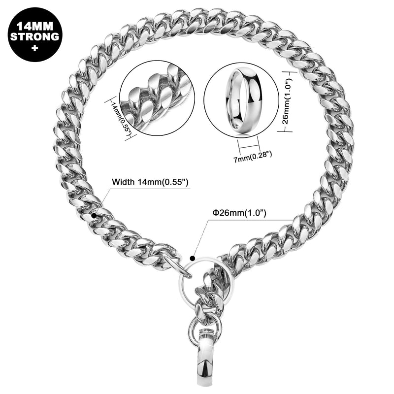 Tobetrendy Gold Chain Dog Collar Cuban Link Chain Stainless Steel Metal Links 14MM Heavy Duty Walking Chain Collar for Small Medium Large Dogs 16inches to 26inches 18" (Neck Fits 14"-16") Silver - BeesActive Australia