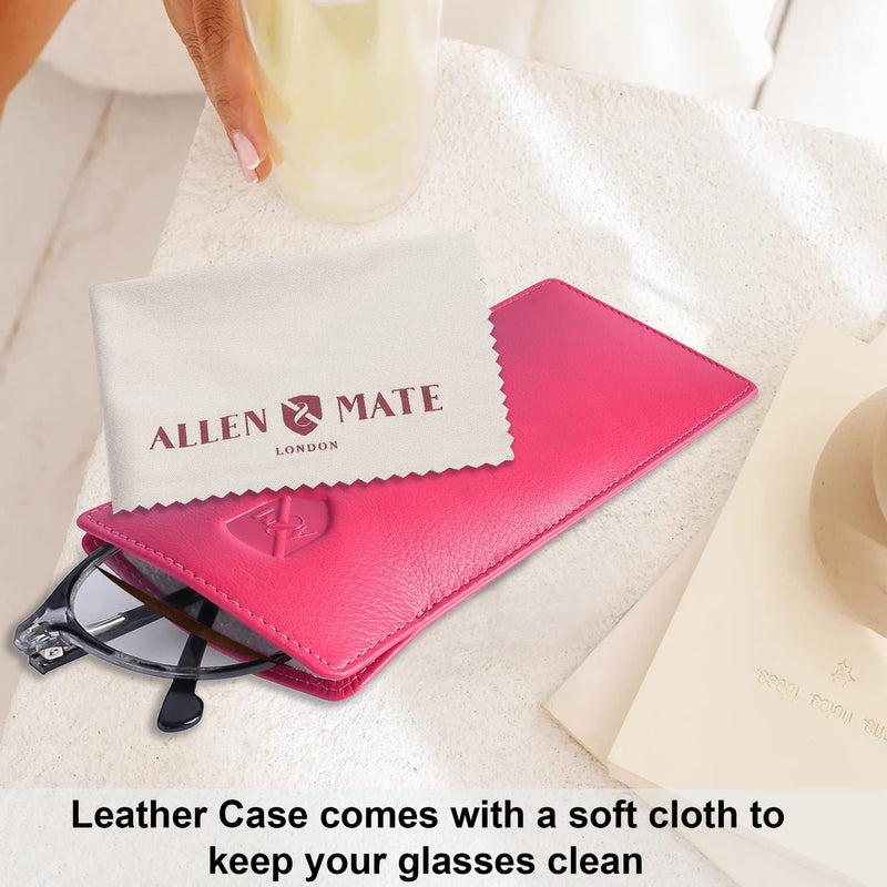 ALLEN & MATE Real Leather Reading Glasses Case Slim Soft Spectacles Pouch Sleeve with Glass Cleaning Cloth Pink Premium - BeesActive Australia