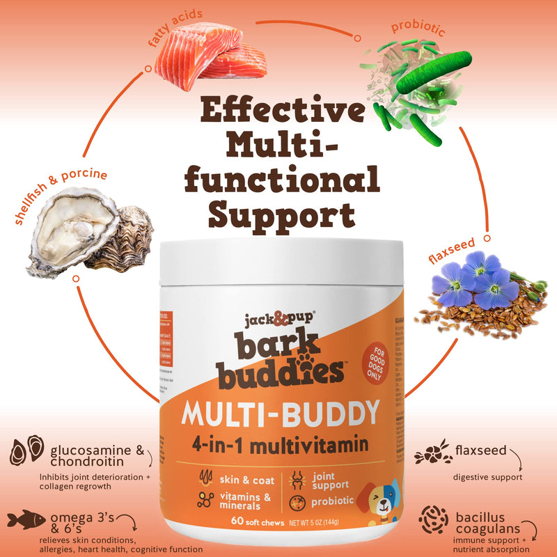 Jack&Pup Dog Vitamins and Supplements Multivitamins for Dogs - Bark Buddies Multi-Buddy Dog Multivitamins Chewable Soft Chews Puppy Vitamins and Supplements - Dog Supplements & Vitamins (60ct) - BeesActive Australia