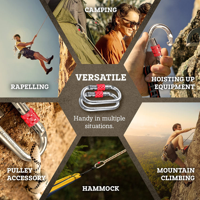 25kn Climbing Carabiner Clip - Heavy Duty O-Shape Steel Locking Caribeaner - UIAA / CE Certified Rock Climbing Gear - Strong Large Locking Oval Caribeener for Mountain Climbing 1pc - BeesActive Australia