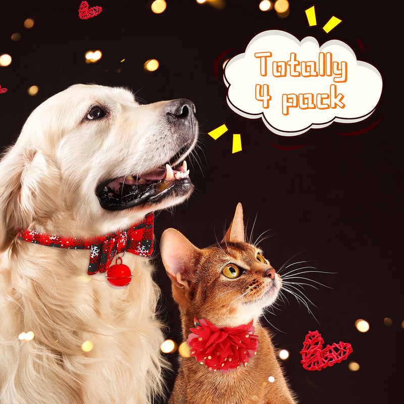 4 Piece Christmas Cat Collar Breakaway Adjustable Safety Kitty Collar with Cute Bow Tie and Bell Snowflake Plaid Cat Collar with Green Red Kitten Accessories Pet Collar Flower for Small Animal Holiday - BeesActive Australia